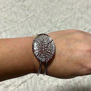 Foiled Resin Oval Clamp Bracelet Handmade Red Silver